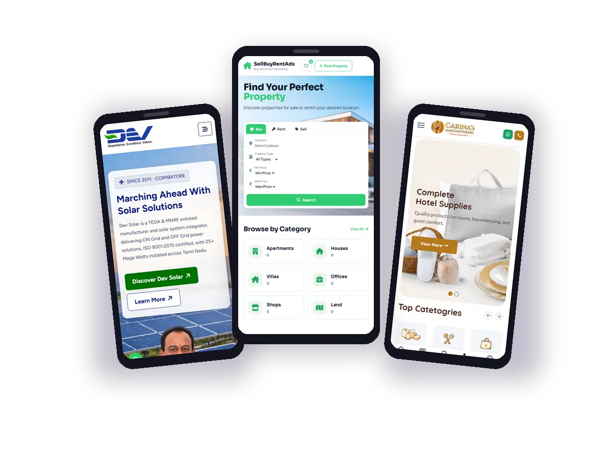 Mobile-friendly sites by Sivani Tech - Dev Solar, SellBuyRentAds and Carina's Manufacturing on phones